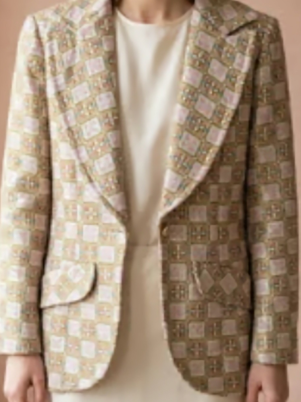 Checked Beige & Pink Patterned Tailored Blazer